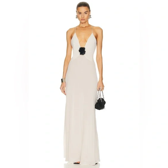 Revolve Helsa Sheer Deep V Long Slip Dress Cream Maxi with Rosette Flower Small - Picture 1 of 14